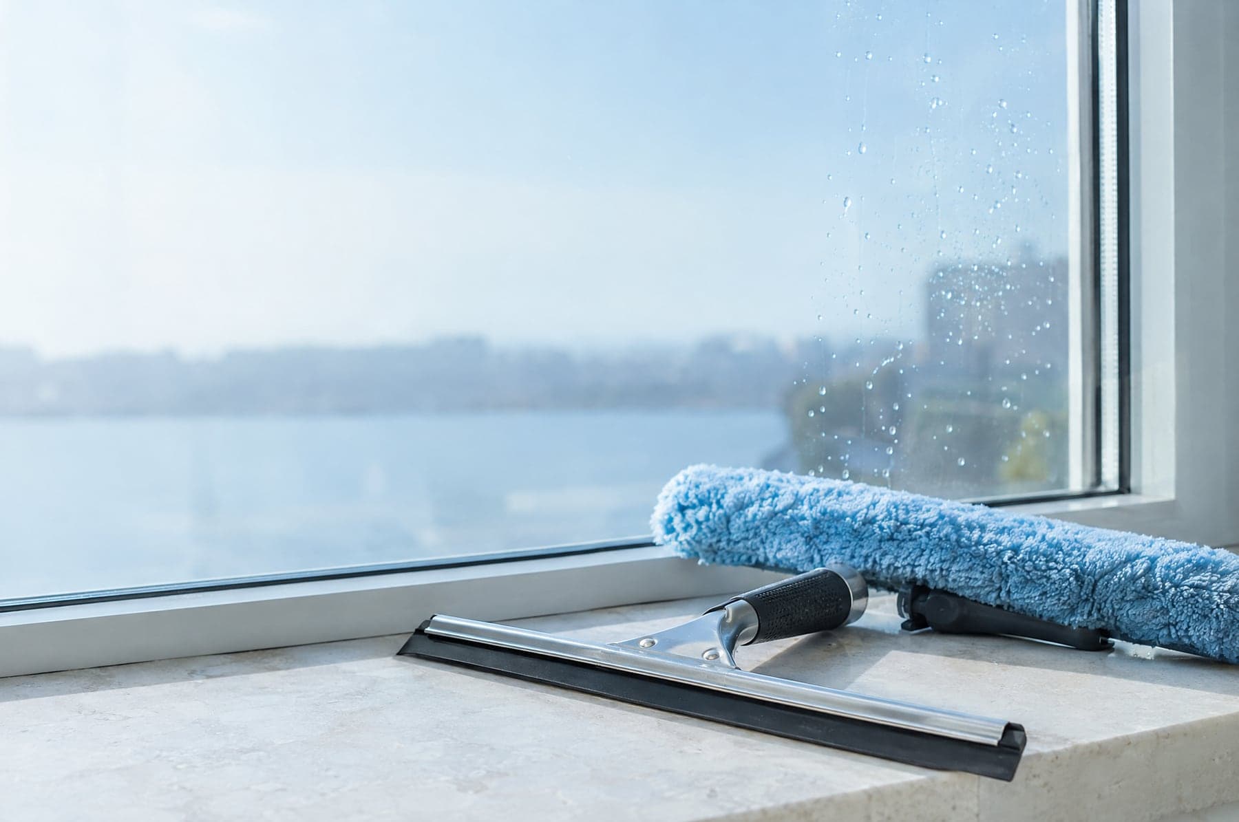 Wisser en inwasser op een vensterbank voor een schone ruit