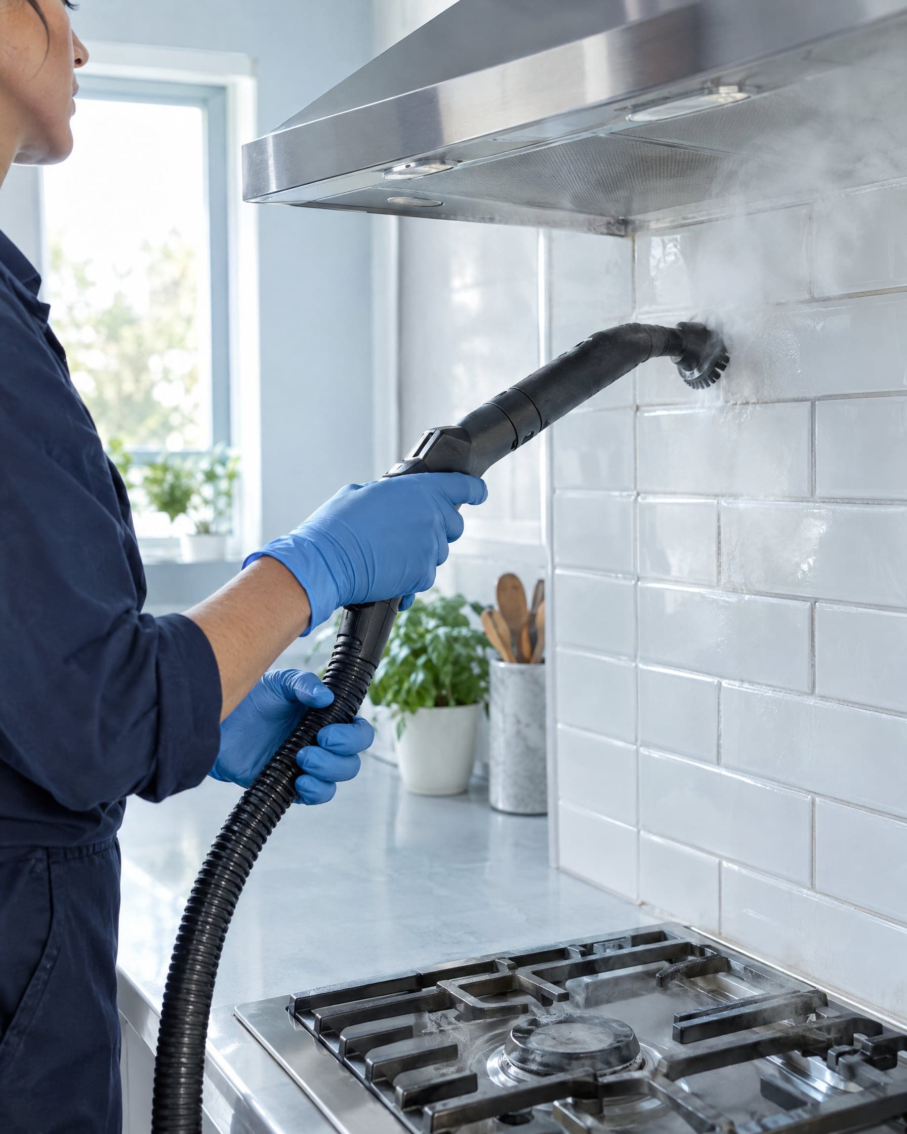Schoonmaker reinigt tegelwerk en afzuigkap in een keuken met een stoomreiniger