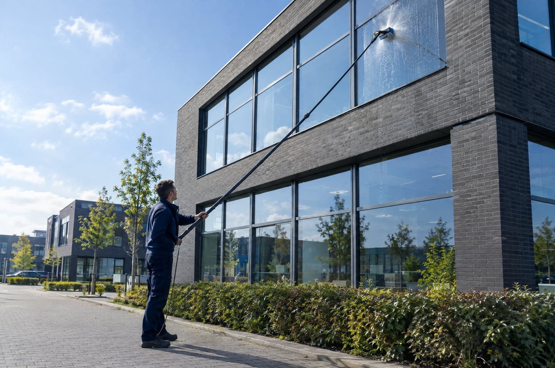 Glazenwasser reinigt met een telescoopsteel de ramen op de eerste verdieping van een kantoorpand