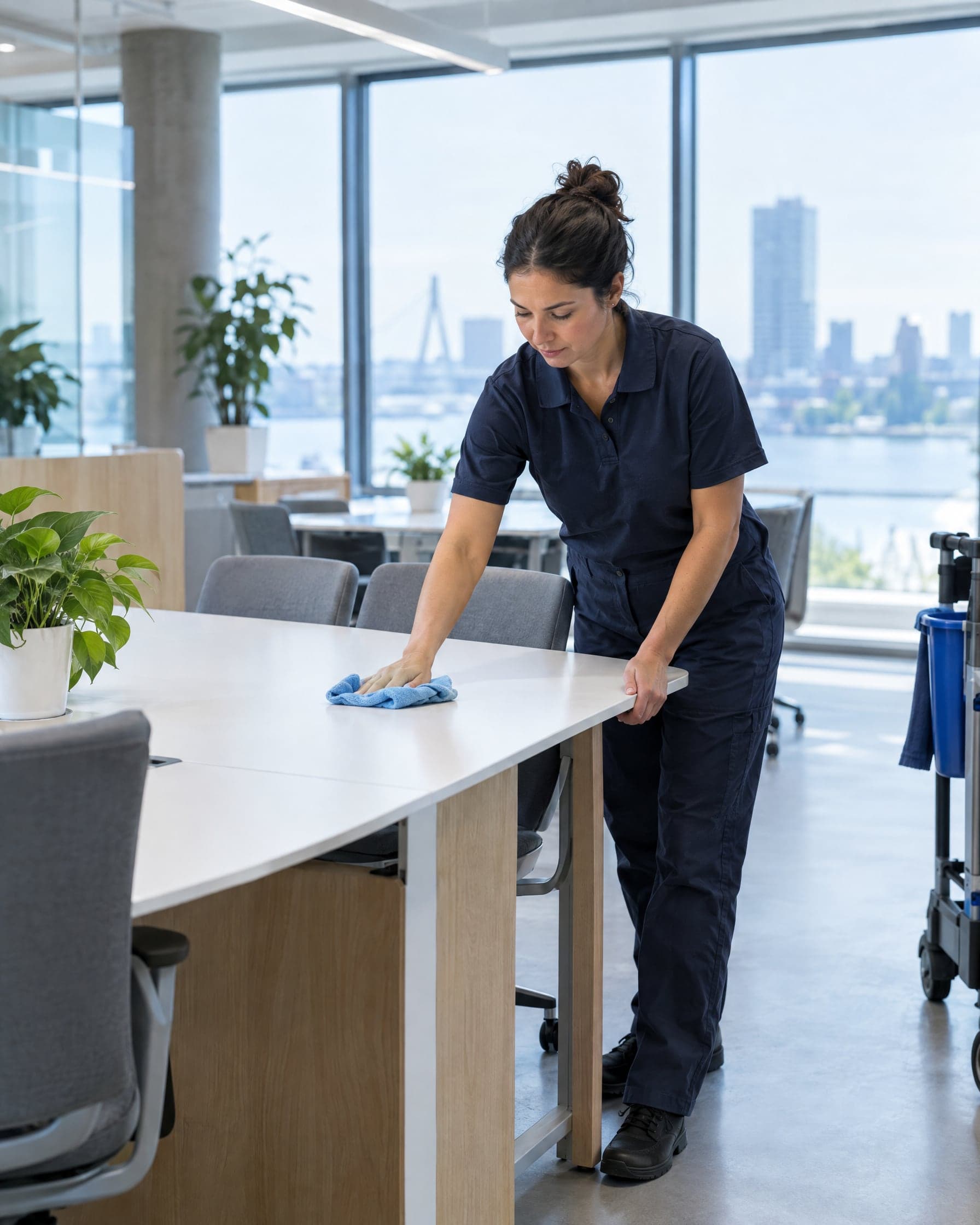 Schoonmaker neemt een bureau af met een microvezeldoek in een licht kantoor